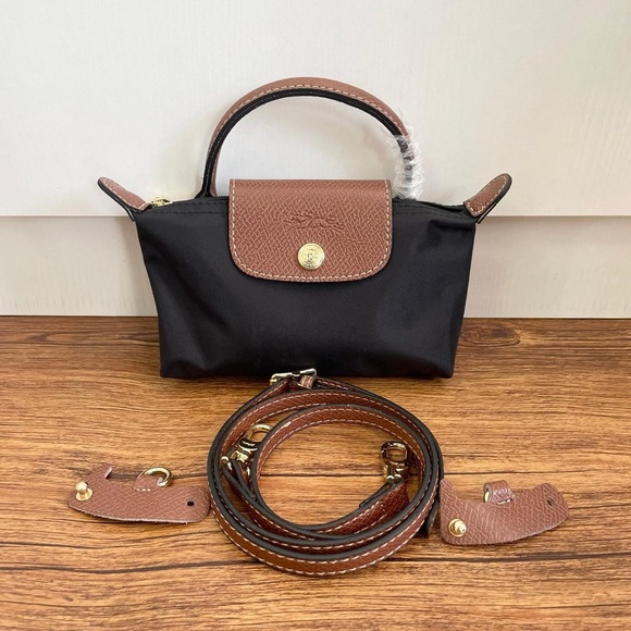 Longchamp Handbags - Longchamp Black Mini Top-Handle Bag with Brown Trim